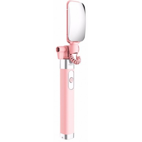 Монопод Rock Mini selfie stick with lightning wire control & mirror Pink