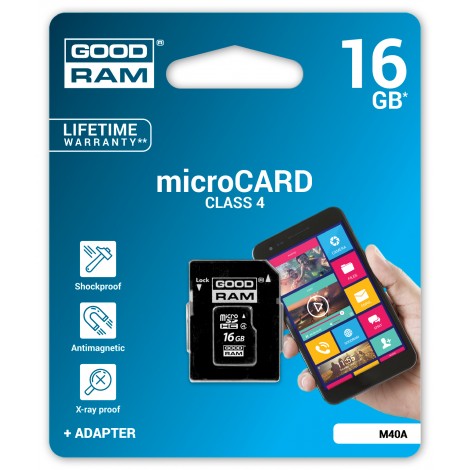 Карта памяти MicroSDHC 16GB Class 4 GOODRAM + SD adapter (M40A-0160R11)